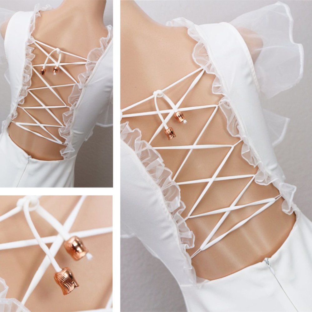 White Sheer Organza Ruffle Laced Up Backless Dress - Picture 6 of 8